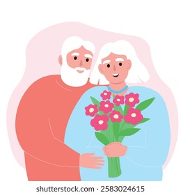 A couple of elderly people together. Old men husband and wife love each other and give flowers. Vector flat graphics.