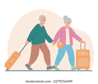 Turistas de un par de personas mayores. Los abuelos con maletas van a viajar. Hombres y mujeres mayores sonrientes viajando. Ilustración plana vectorial aislada en fondo blanco.