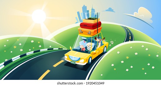 A couple of elderly people travel with a dog in a car outside the city. Vector illustration.