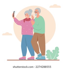 Un par de personas mayores usan smartphone para hacerse autoretrato. Hombres y mujeres mayores sonrientes se toman selfie. Los abuelos activos viajando. Ilustración plana vectorial aislada en fondo blanco.