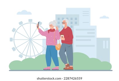 Pareja de personas mayores que usan smartphone para hacerse autoretrato en la ciudad con rascacielos. Viajando un hombre y una mujer con una sonrisa. Concepto de abuelos activos. Ilustración plana vectorial.