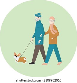 A couple of elderly people are walking with a pet. Corgi dog for a walk with the owners. Vector illustration with people and animals. Isolated backdrop.