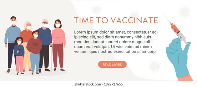 A Couple Of Elderly People Wearing Face Medical Mask. A Nurse Or Doctor Hand In Latex Glove Holding Syringe With Vaccine Jab. Covid Vaccination Concept. Banner With Caption Time To Vaccinate. Vector.