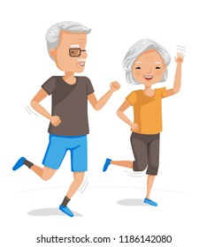 Couple Elderly Running Together. Exercise Of Senior. Portrait Of Handsome And Beautiful Grandmother And Grandfather Doing Health Care Activities. Vector Illustrations Isolated On White Background.