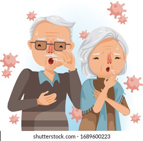 Couple elderly sneezing and coughing . Old person influenza patients. The elderly are at risk of being infected with Covid 19. Concepts of patients with respiratory symptoms. Vector illustration.