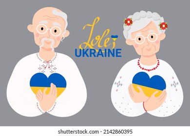 Couple of elderly Ukrainians in national clothes. An elderly woman with and an old Ukrainian Cossack with forelock and mustache with yellow-blue heart. color of Ukrainian flag. Vector illustration