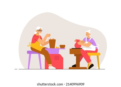 Couple Of Elderly Woman In Aprons Creating Pottery On Potters Wheel In Studio. Workshop, Creative Hobby And Art Therapy Concept. Modern Flat Vector Illustration