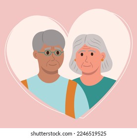 Couple Of Elders, Old Men In Love, Portrait In Heart Multicultural Vector Illustration In Flat Style