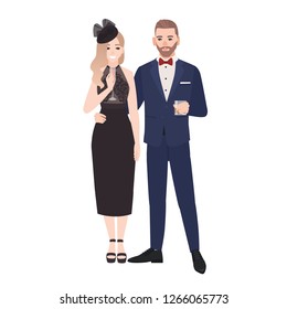 Couple in elegant evening clothes standing together and drinking alcohol isolated on white background. Stylish man and woman dressed for celebratory occasion. Flat cartoon vector illustration.