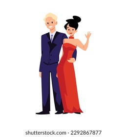 Pareja elegantemente vestida para una noche de gala afuera. Hombre y mujer vestidos con trajes vespertinos para celebración, ilustración plana vectorial aislada de fondo blanco.