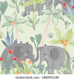 A couple elephant in the forest,illustration vector doodle comic art.