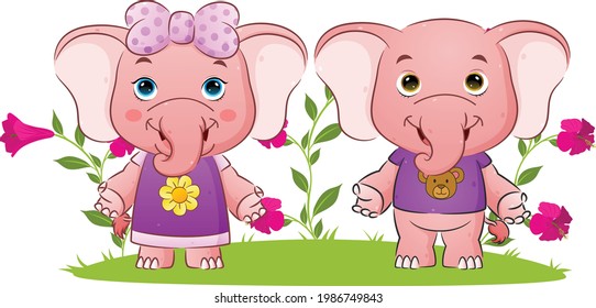 The couple elephant is standing and giving the greeting in the garden of the illustration