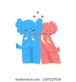 Couple of elephants in love embracing each other, two happy aniimals hugging with hearts over their head vector Illustration on a white background