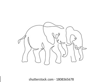 Couple elephants walking. Continuous one line art drawing vector illustration isolated on white background.