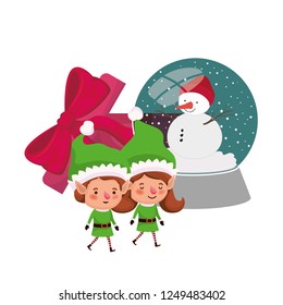 couple of elves with gift box and crystal ball