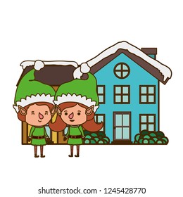 couple of elves with house isolated icon