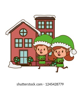 couple of elves with house isolated icon