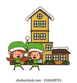 couple of elves with house isolated icon