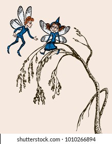 A couple of elves on a tree branch