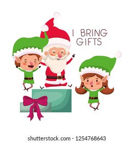 couple of elves and santa claus with gift box