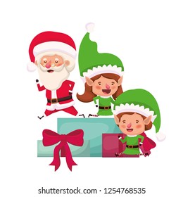 couple of elves and santa claus with gifts boxs