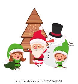 couple of elves and santa claus with snowman