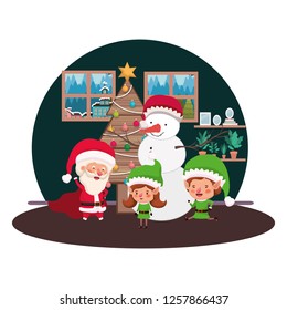 couple of elves and santa claus with snowman