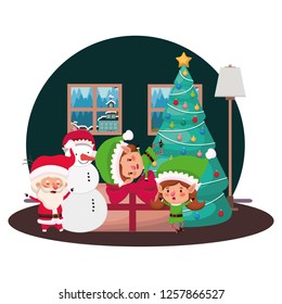 couple of elves and santa claus with snowman