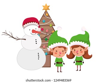 couple of elves with snowman and christmas tree