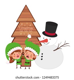 couple of elves with snowman and christmas tree