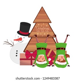 couple of elves with snowman and christmas tree