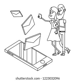 couple and email technology isometric in black and white
