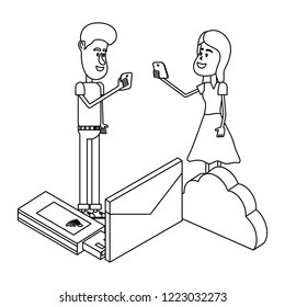couple and email technology isometric in black and white