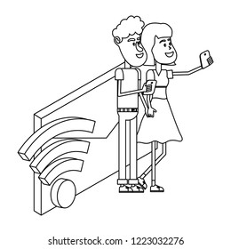 couple and email technology isometric in black and white
