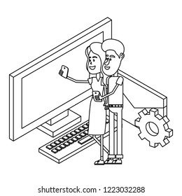 couple and email technology isometric in black and white