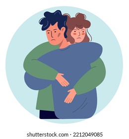The couple embrace before breaking up. A young girl says goodbye to a guy. A man goes on a trip or a business trip, a sad woman escorts him to the front. Sad scene. Vector isolated flat illustration