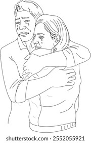 La pareja se abraza y llora, dibujo de líneas 