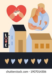 Couple Embrace Each Other. Beautiful Houses with Love Sign. Heart Shape Badge with Hands Hold Coffee Cups. Modern Flat Vector Illustration. Social Media Ads.