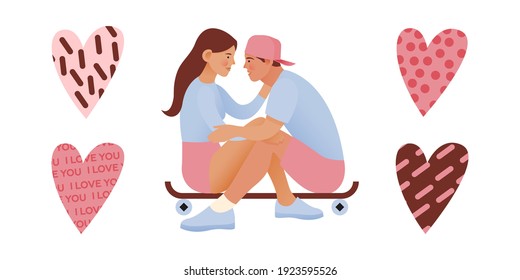 Couple Embrace Each Other. Kinds of Hearts. Decorative Elements. Modern Flat Vector Illustration. Social Media Ads. - Powered by Shutterstock - Get 15% off with code: PIKWIZARD15