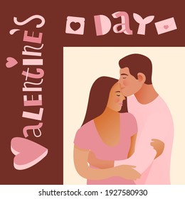 Couple Embrace Each Other. Valentine's Day. Modern Flat Vector Illustration. Lettering Composition with Decorative Elements on Dark Background. Social Media Ads.