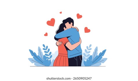 Couple embrace warmly surrounded by floating hearts and blue foliage decoration