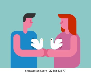 Couple embraces, doves in heart. Free love concept.