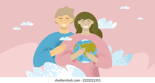 Couple embraces each other against a background of blue with clouds. Girl hugs the planet Earth to her. Banner concept is about love for nature, care for the environment. Cartoon vector illustration.