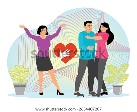 A couple embraces, and an expert expresses emotions after successfully restoring romance. Mental health coach concept.
