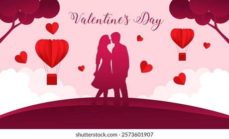 A couple embraces symbolizing love with red heart shaped hot air balloons in the sky valentine's Day in festive font red hearts scattered and a scenic backdrop ValentinesDay Love