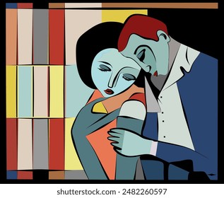 A couple embraces tenderly, rendered in a stylized, geometric fashion with bold colors and defined shapes. The background features a series of vertical and horizontal lines