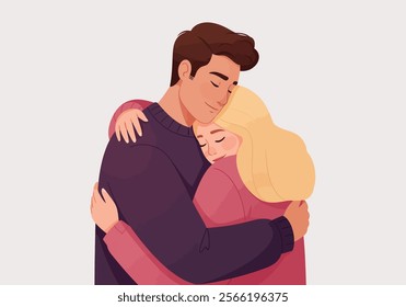 A couple embraces tenderly, symbolizing love and intimacy in romantic relationships. This flat vector illustration captures two enamored lovers in a heartfelt cuddle, expressing deep emotions