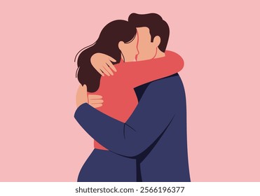 A couple embraces tenderly, symbolizing love and intimacy in romantic relationships. This flat vector illustration captures two enamored lovers in a heartfelt cuddle, expressing deep emotions