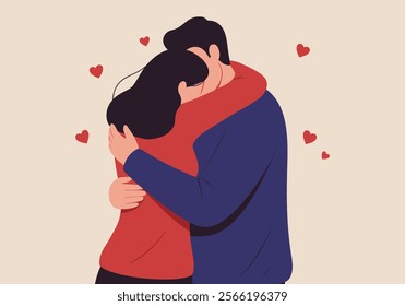 A couple embraces tenderly, symbolizing love and intimacy in romantic relationships. This flat vector illustration captures two enamored lovers in a heartfelt cuddle, expressing deep emotions