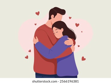 A couple embraces tenderly, symbolizing love and intimacy in romantic relationships. This flat vector illustration captures two enamored lovers in a heartfelt cuddle, expressing deep emotions